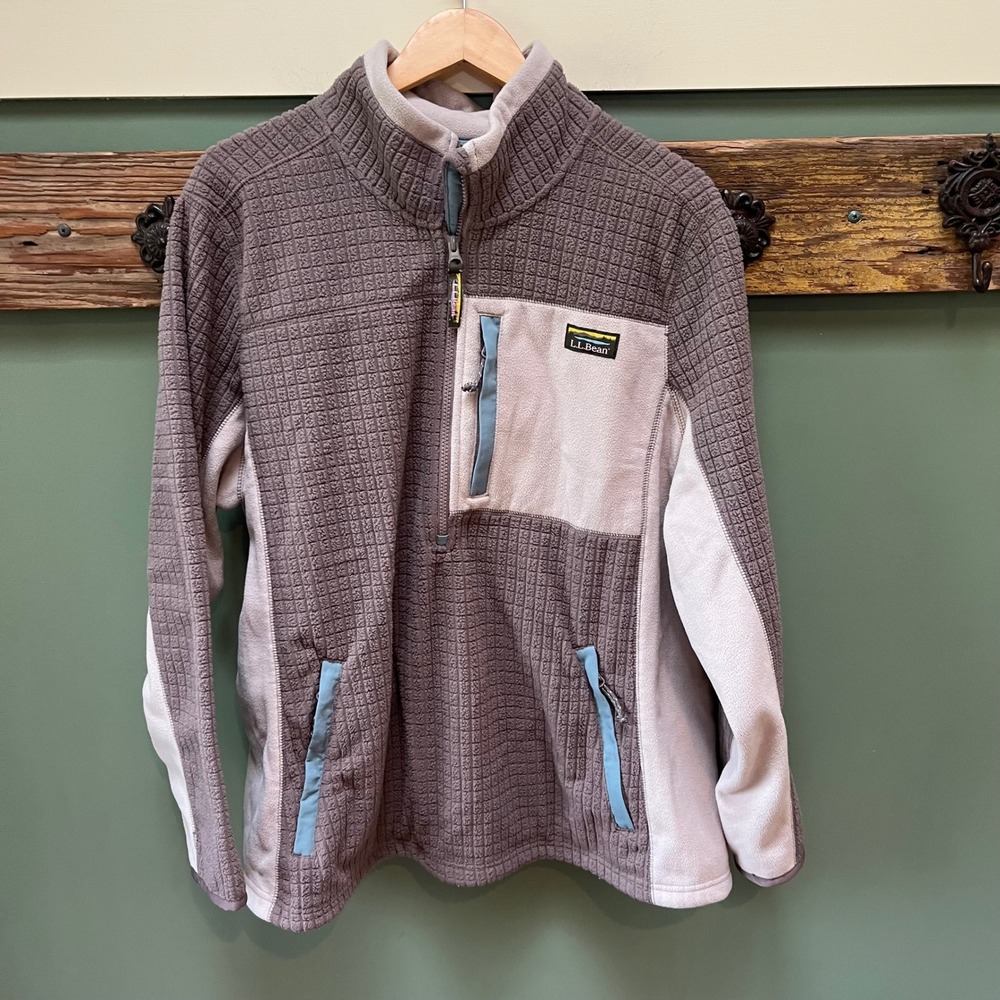 LL Bean Waffle Grid Fleece Pullover Jacket Brown Tan 2X Plus 516749 Half Zip